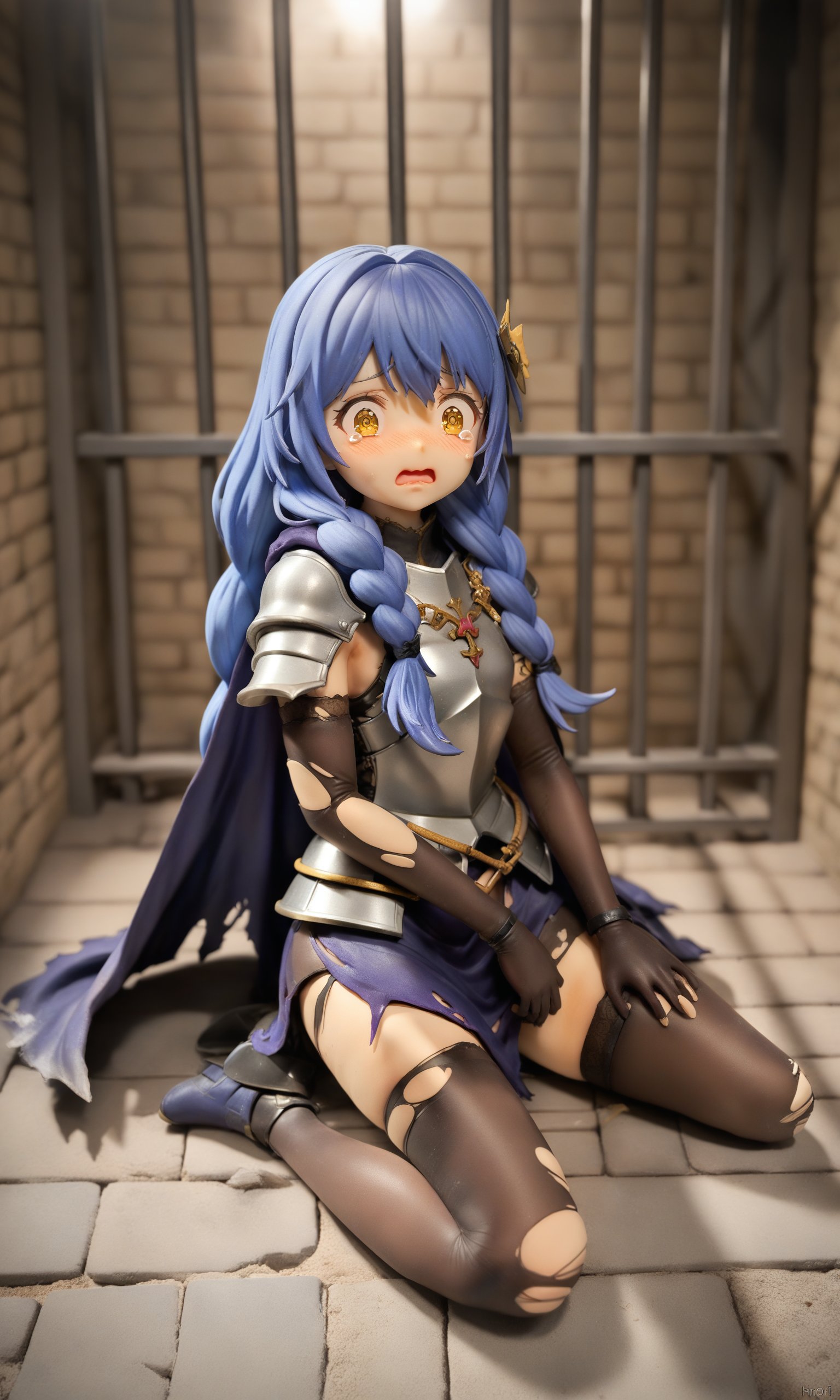 1girl,solo,looking at viewer,long hair,blue hair,twin braids,hair ornament,yellow eyes,hair over shoulder,armor,breastplate,shoulder armor,plate armor,knight,indoors,dungeon,slave,prison,prison cell,brick wall,bars,dark,backlighting,dirty,sitting,gloves,(armored dress),dress,cape,stone floor,on floor,(torn clothes:1.4),torn cape,open mouth,(wavy mouth),(surprised),(wide-eyed),(tears),blush,nose blush,embarrassed,