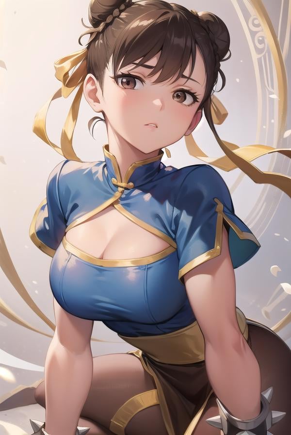 chunli, <lora:chun li v2-lora-nochekaiser:1>,chun li, (brown eyes:1.7), brown hair, (bun cover:1.5), double bun, eyeliner, hair bun, lipstick, makeup, pink lips,BREAK blue dress, boots, bracelet, brown pantyhose, china dress, chinese clothes, cross-laced footwear, dress, gold trim, jewelry, pantyhose, pelvic curtain, puffy sleeves, sash, short sleeves, side slit, spiked bracelet, spikes, white footwear,BREAK outdoors,BREAK looking at viewer, full body,BREAK <lyco:GoodHands-beta2:1>, (masterpiece:1.2), best quality, high resolution, unity 8k wallpaper, (illustration:0.8), (beautiful detailed eyes:1.6), extremely detailed face, perfect lighting, extremely detailed CG, (perfect hands, perfect anatomy),