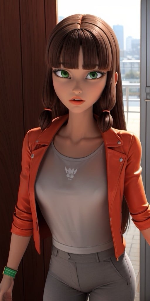 Hyperrealistic, photorealistic, super detailed, (gray pants), ((gray T-shirt under jacket)), (orange jacket), hip-length auburn wig with blunt bangs and two shorter pieces framing her face which is loosely tied near the ends with orange bands, expressive grayish chartreuse green eyes, fourteen years old, body like in real life, large pores, slender, light tan skin, beautiful arms, very little very flat breasts, unreal engine, octane render, droped shadow, bokeh, cinematic lighting, <lora:add_detail:0.5>, <lora:Volumetric_lighting:0.6>, Lila, Rossi, Grayish chartreuse green eyes, Hip-length auburn wig with blunt bangs and two shorter pieces framing her face which is loosely tied near the ends with orange bands, , <lora:78470c30-a7d9-432e-87fe-5eba4aa626a5:0.7>