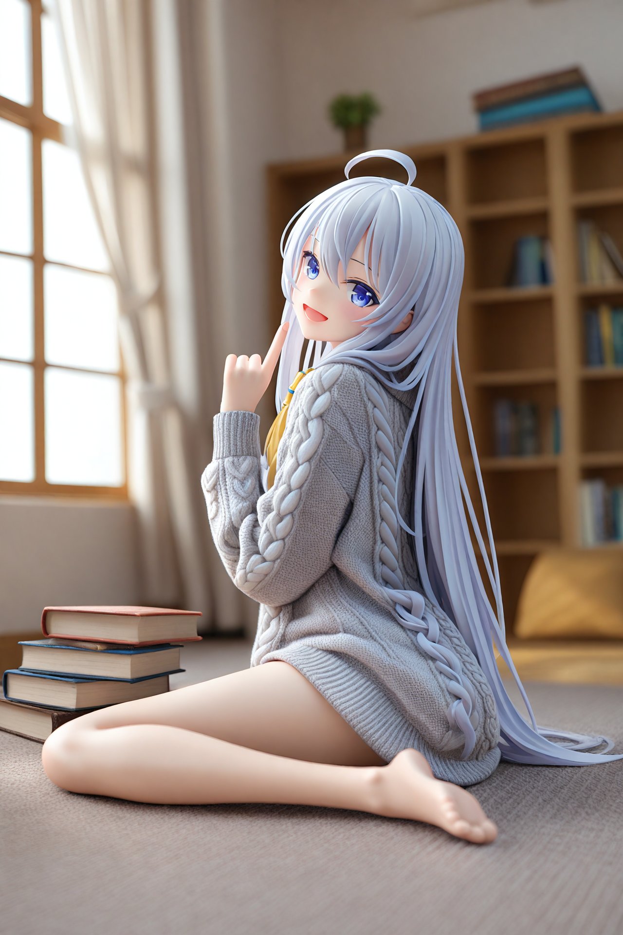 masterpiece,best quality,illustration,ultra detailed,hdr,Depth of field,(colorful),PVC Style,Realism,1girl,long hair,elaina (majo no tabitabi),solo,barefoot,ahoge,sweater,sitting,looking at viewer,smile,indoors,wariza,blue eyes,blurry,open mouth,book,grey hair,blurry background,bare legs,long sleeves,reflection,feet,hair between eyes,window,grey sweater,index finger raised,cable knit,aran sweater,:d,toes,legs,artist name,full body,very long hair,soles,