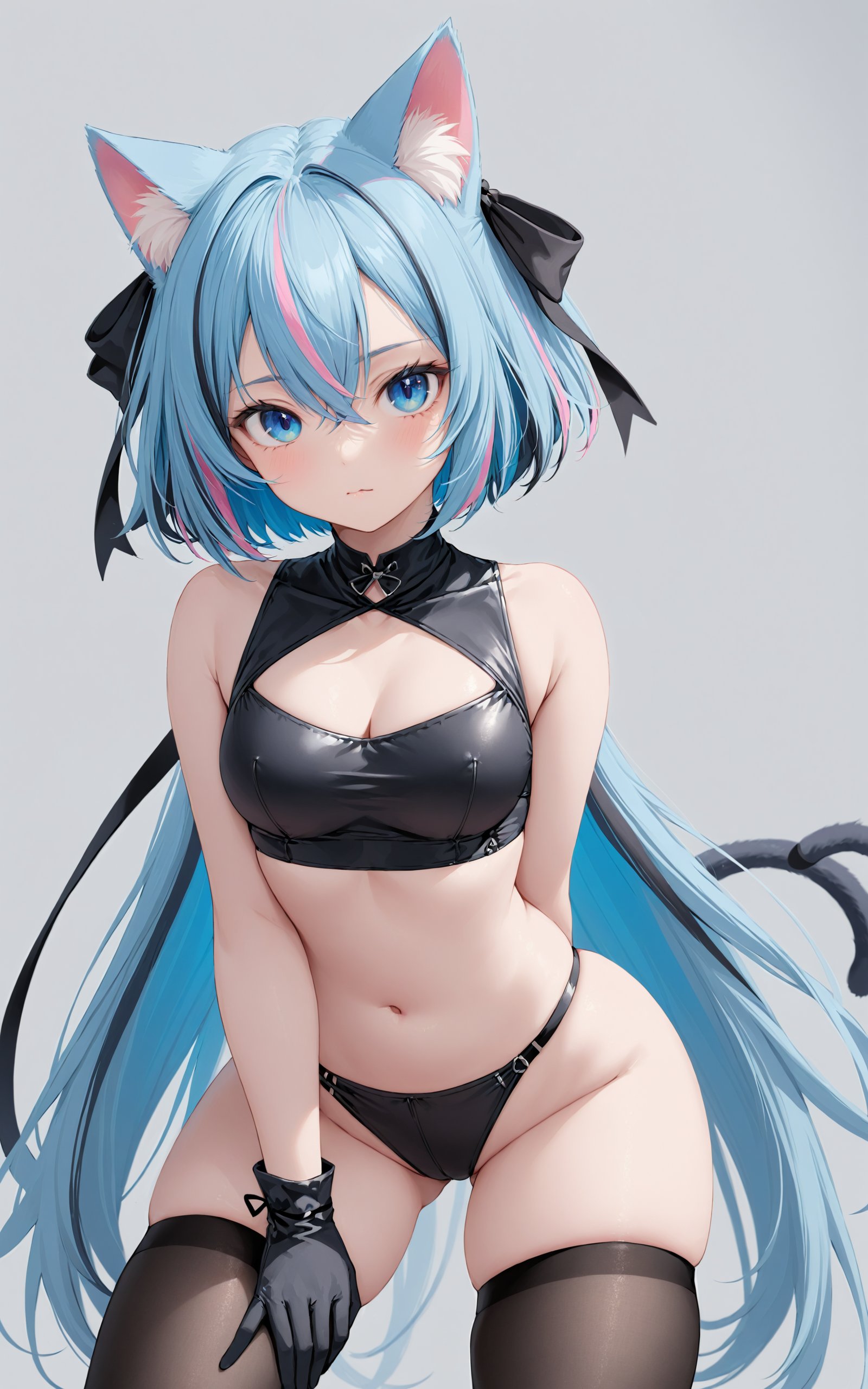 girl, 1girl, :3, animal ears, black gloves, black ribbon, blue eyes, blue hair, cat ears, closed mouth, crop top, gloves, hair between eyes, hair ribbon, looking at viewer, multicolored hair, pink hair, ribbon, short hair, sidelocks, skindentation, solo, streaked hair, thighhighs, very long hair