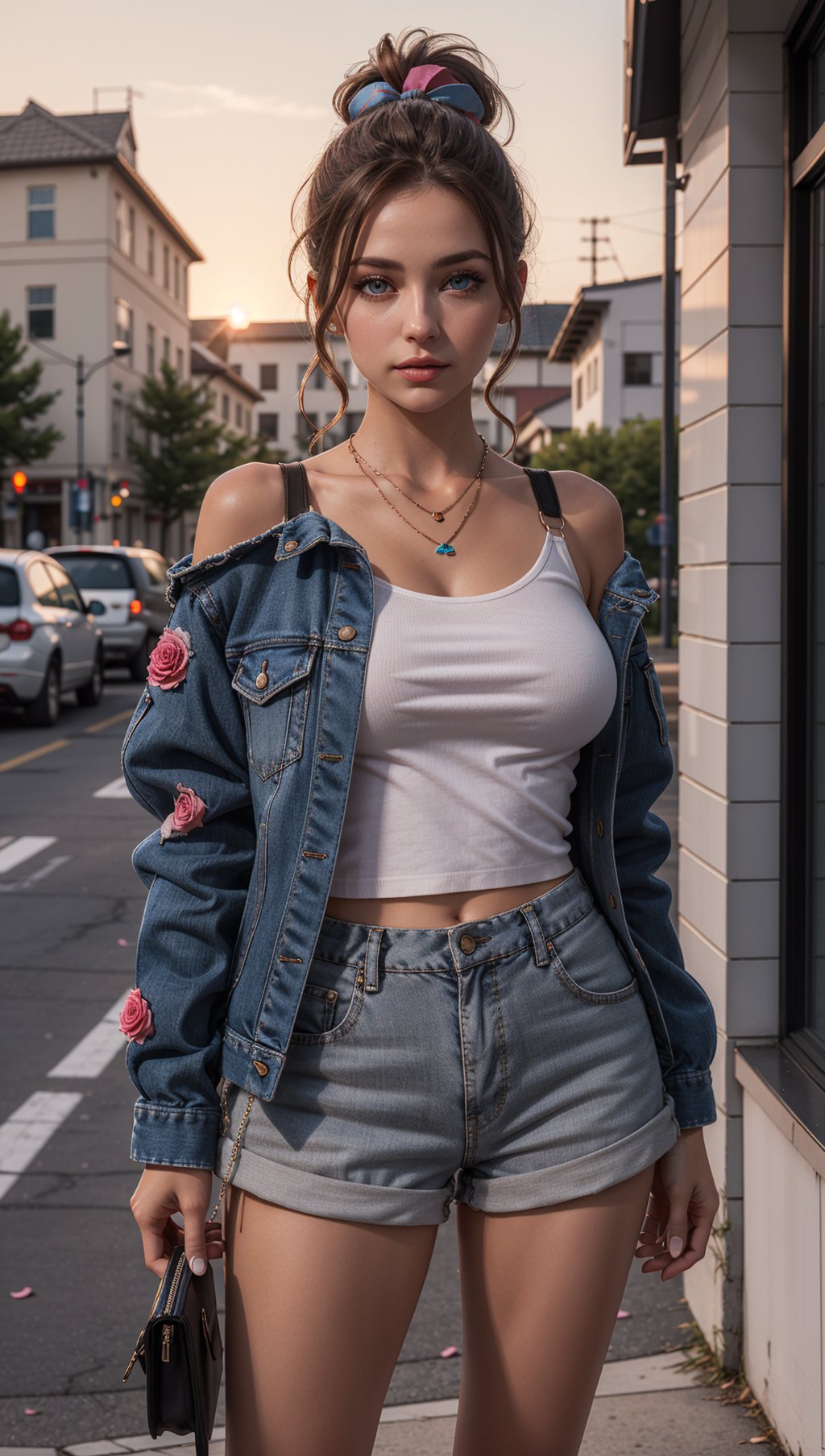 3d,3d background,1girl,bare shoulders,blue eyes,breasts,brown hair,hair ribbon,looking at viewer,necklace,ponytail,ribbon,shirt,multicolored jacket,skirt,shorts,pose,closed mouth,masterpiece,best quality,scenery,sunset,rose petals,