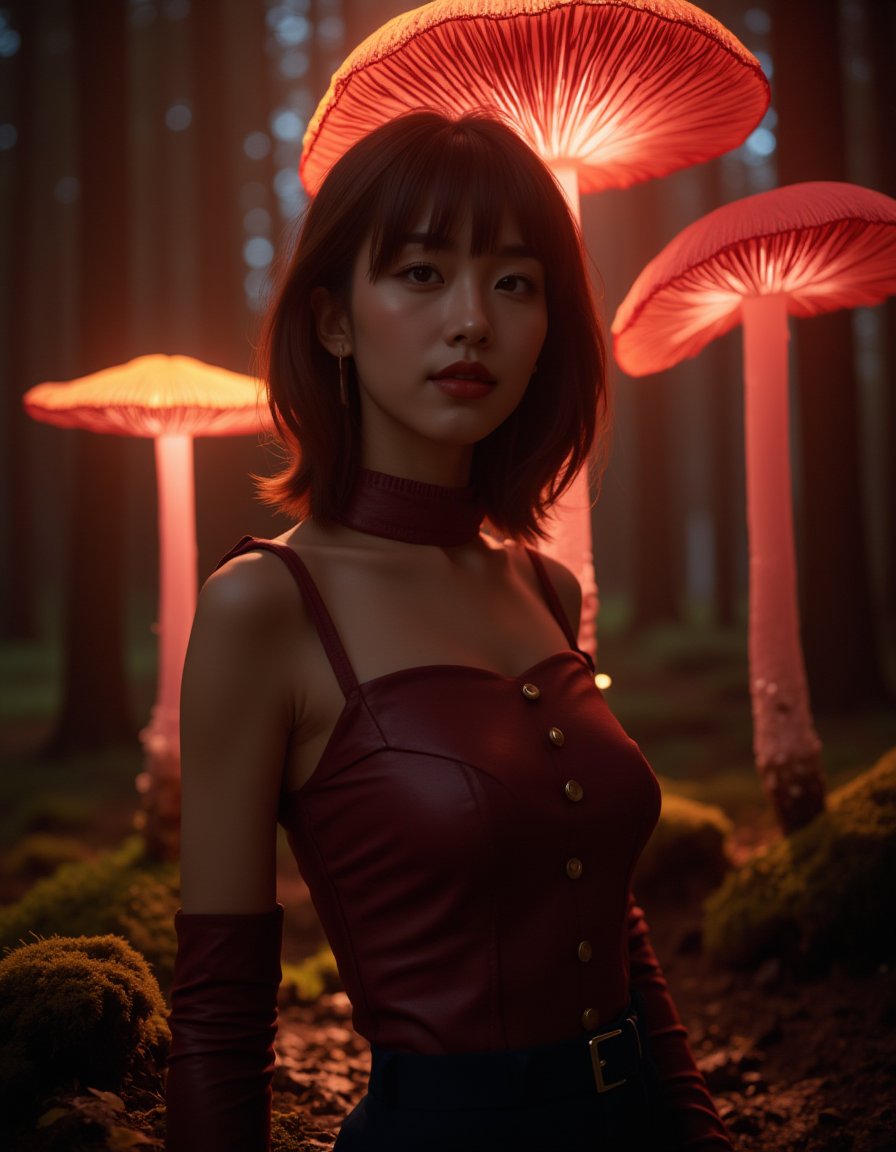 a Gorgeous woman,Shoulder Length Hair with Bangs,Maroon,Shoes Ankle boots in a rich cognac leather with a chunky heel,In the Myconid Haven with Luminescent Fungal Canopies,Ultra Real Raw digital photo Magic Realism masterpiece,Kodak portra 400,Gel lighting