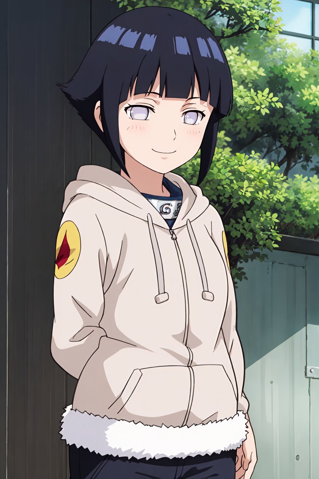 hinata, 4k, absurd, high resolution, very high resolution, high definition, masterpiece, anime_source, short hair, black hair, no pupils, blunt bangs, shiny hair, white eyes, hoodie, hood down, long sleeves, capri pants,hands behind the back, blush, smile, upper body, v-arms<lora:EMS-383008-EMS:0.800000>