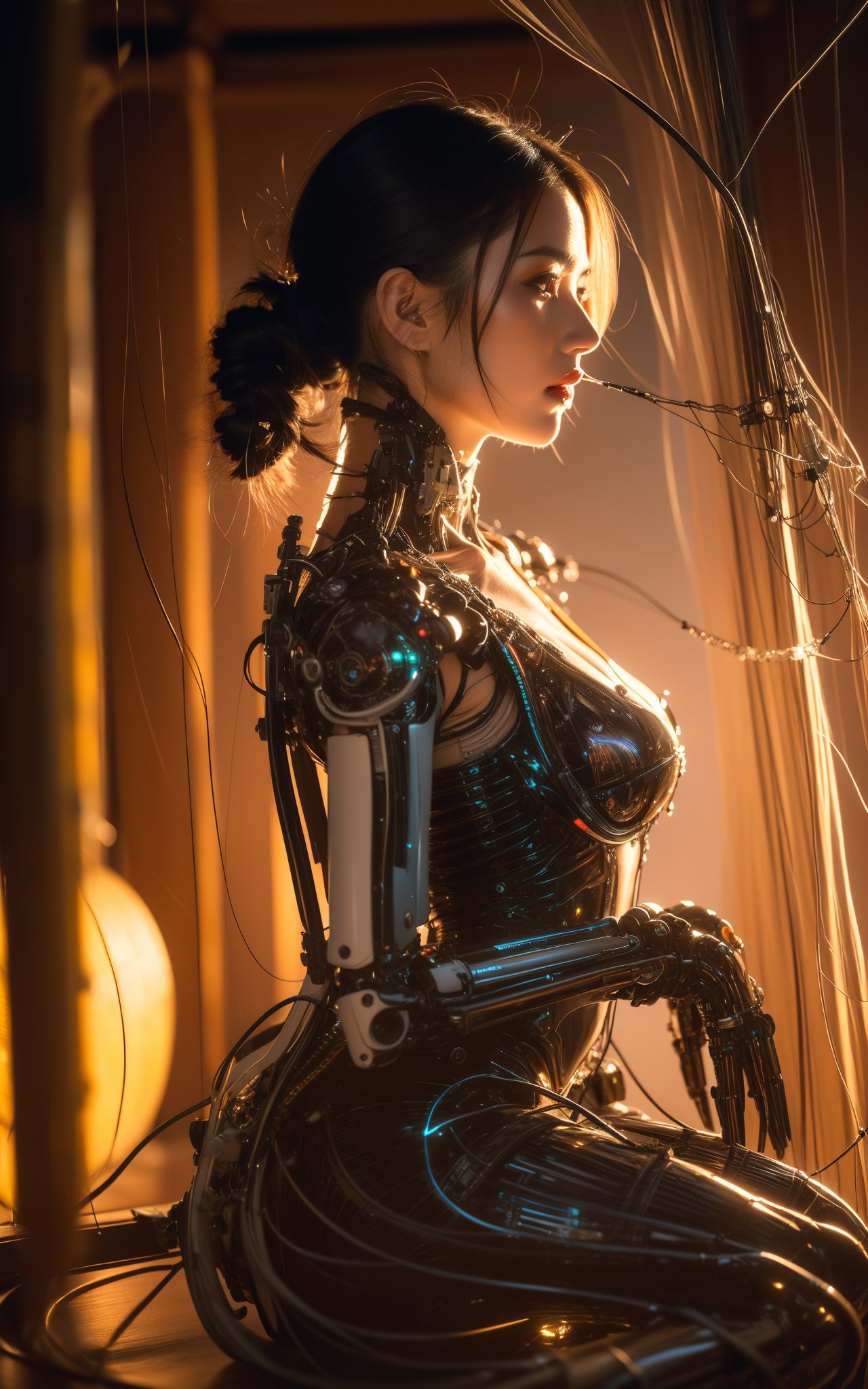 ((an extremely delicate and beautiful)),  cinematic light, ((1mechanical girl)), solo, full body, (machine made joints:1.2), ((machanical limbs)), (blood vessels connected to tubes), (mechanical vertebra attaching to back), ((mechanical cervial attaching to neck)), (sitting), expressionless, (wires and cables attaching to neck:1.2), (wires and cables on head:1.2), (character focus), science fiction, extreme detailed, colorful, highest detailed, . magnificent, celestial, ethereal, painterly, epic, majestic, magical,,