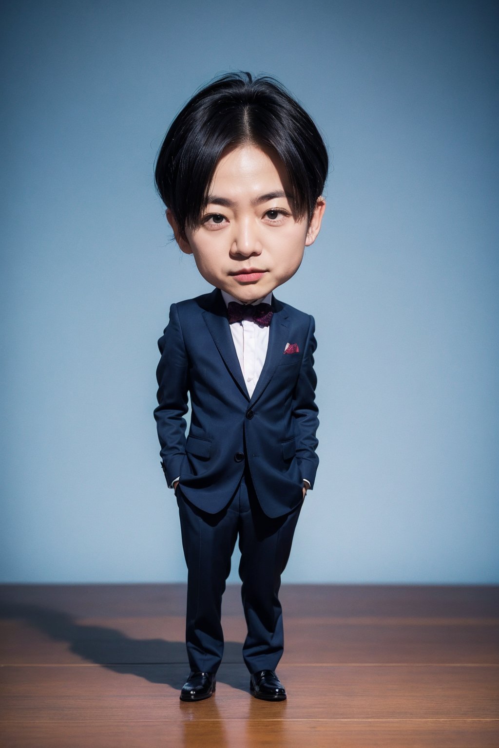 1man, solo, chibi, black hair, suit, jewelry, photorealistic, realistic, looking at viewer, black footwear, full body,
