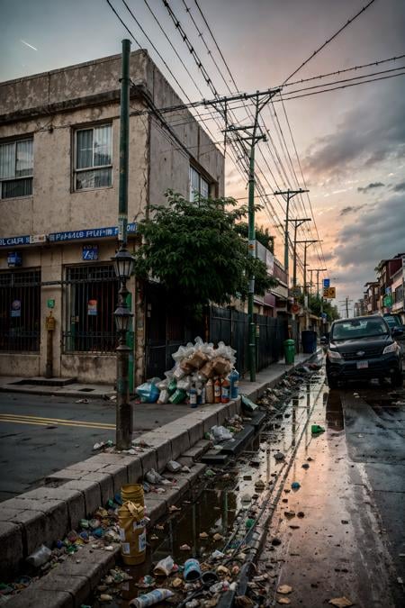 RAW photo,subject,8k uhd,dslr,soft lighting,high quality,film grain,Fujifilm XT3,,ruanyi0042,no humans,bottle,box,bucket,building,cardboard box,cup,fence,food,lamppost,paper bag,plant,plastic bag,power lines,road,rubble,ruins,soda can,street,traffic light,trash bag,tree,window,,dark,night,<lora:0042 garbage city_v2:1>,<lora:detail_slider_v4:1>