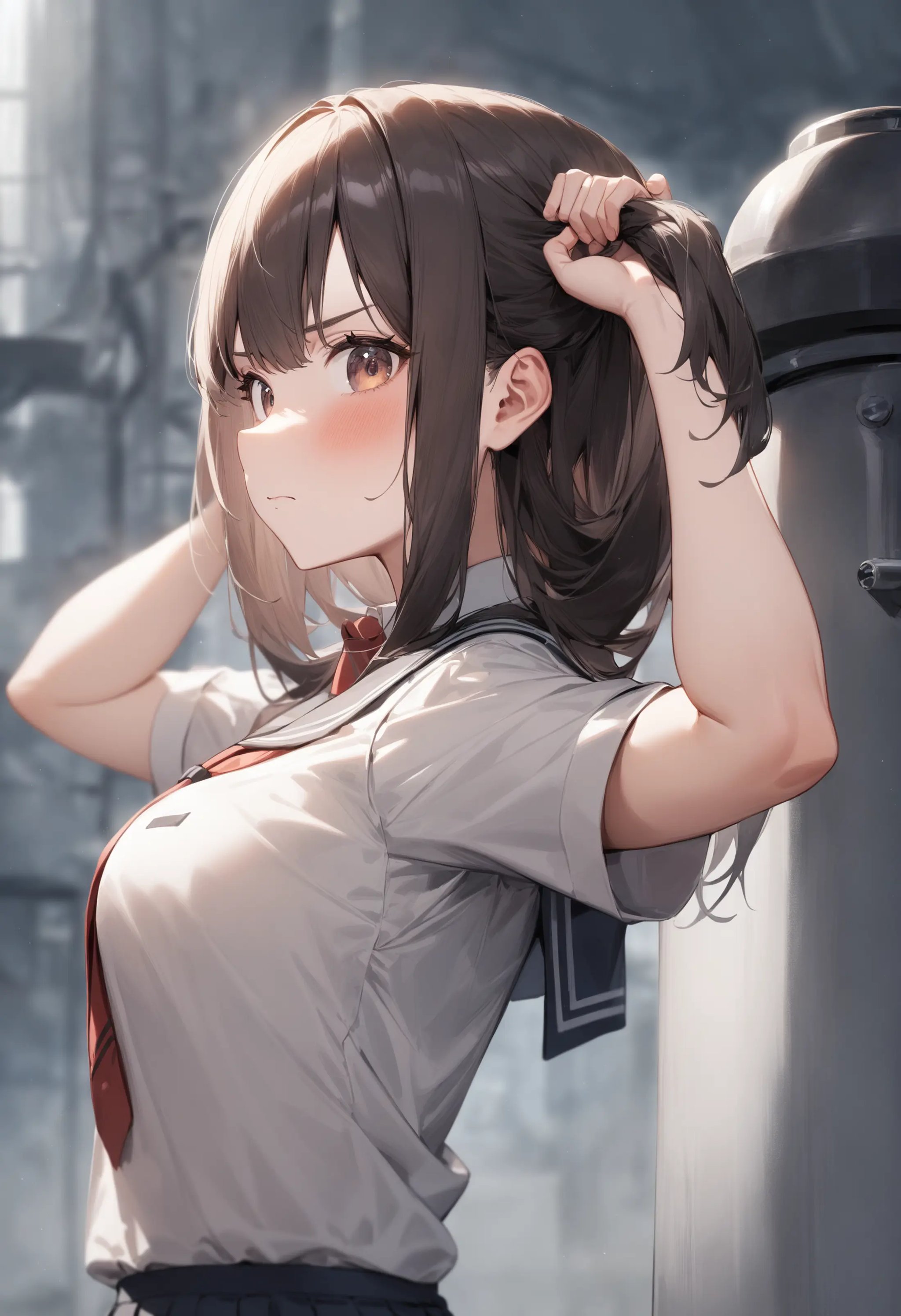 1girl, <lora:sdxl2-flat2-512b:-1>,medium breasts,school uniform,bunching hair,<lora:bunchinghair_XL_v1:0.8>from side, upper body, looking back, envy, geyser, closed mouth,masterpiece, best quality, very aesthetic, absurdres