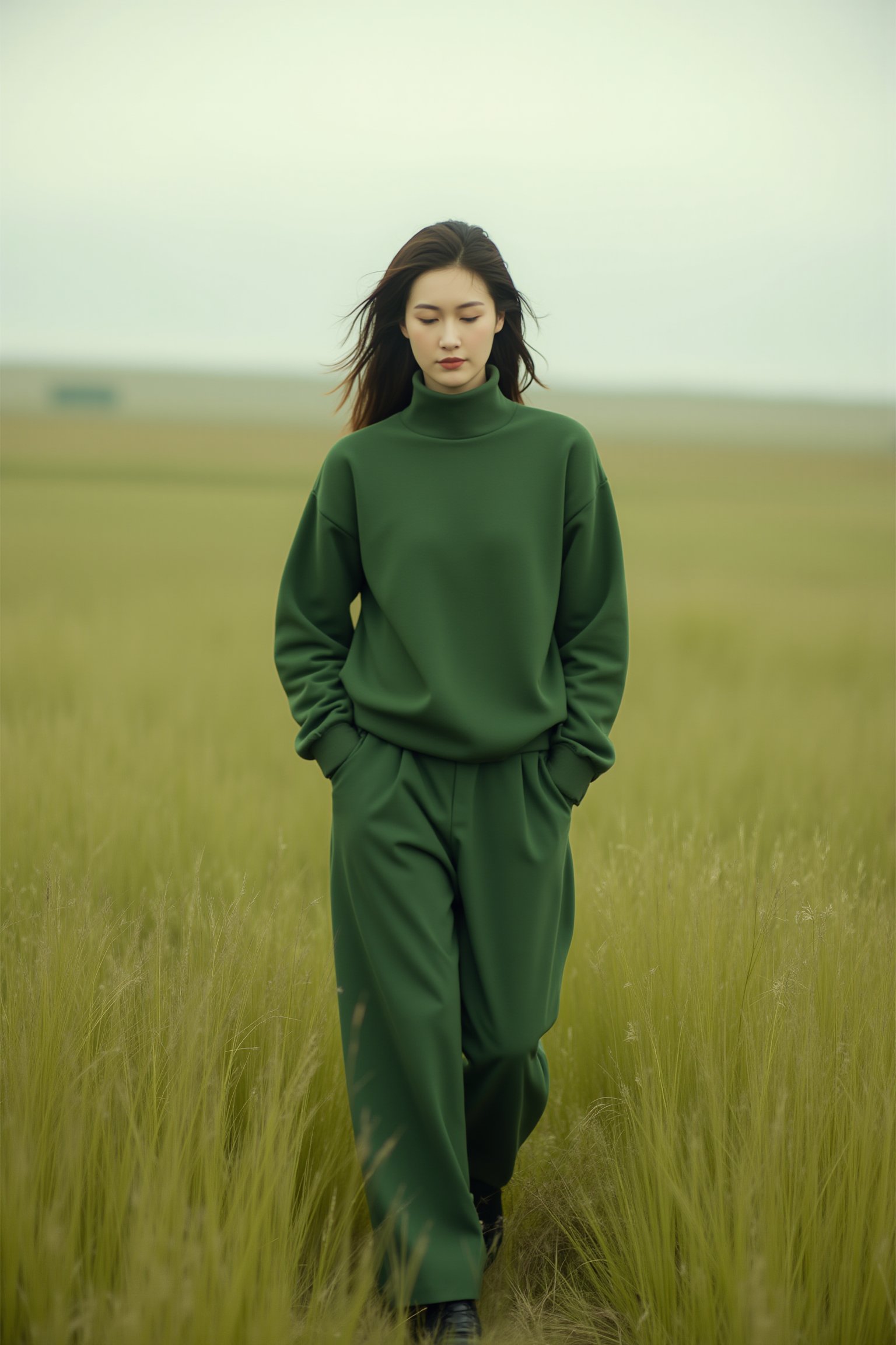 A model wearing a green sweater and pleated pants walks in a grassland,with soft tones,light colors,and a minimalist style. This is a commercial photography shot,taken from the side,showing the full body,<lora:光影人像v2.0:0.8>