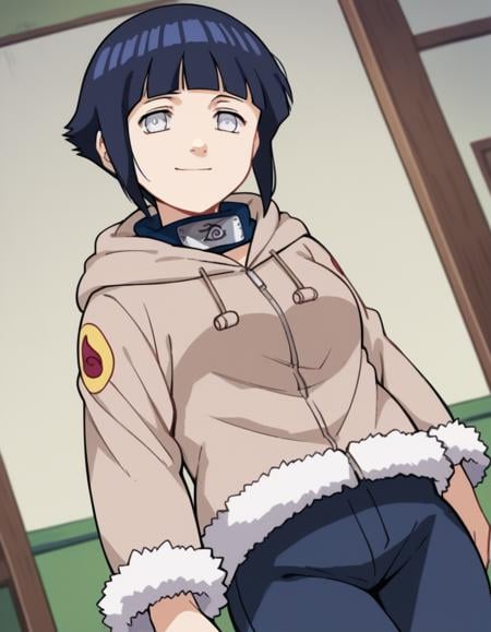 score_9, score_8_up, score_7_up, source_anime, <lora:hinata-hyuga-s1-ponyxl-lora-nochekaiser:1>, hinata hyuga, short hair, white eyes, bangs, blunt bangs, medium breasts,, long sleeves, pants, hood, konohagakure symbol, fur trim, jacket,, indoors, smile, looking at viewer, solo,, cowboy shot, dutch angle