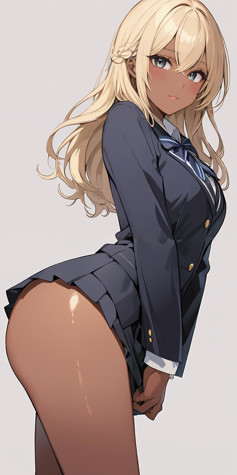 masterpiece,ultra-detailed,best quality,8K,illustration,cute face,clean skin ,shiny hair,girl,ultra-detailed-eyes,simple background, <lora:add-detail-xl:1> <lora:kuro gyaru_XL_V1.0:1> kuro gyaru, dark skin, blonde hair,school uniform