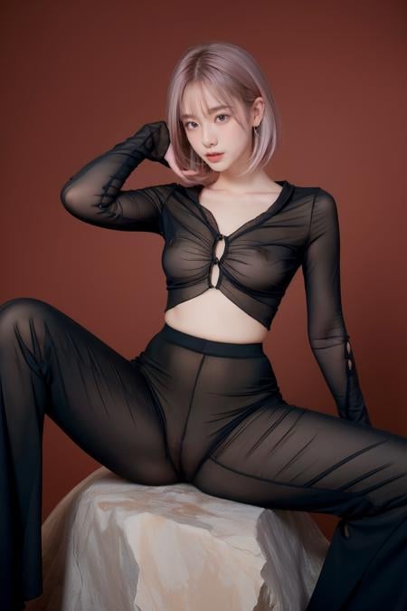 solo,1Girl,full body,red background,thigh gap,,ruanyi0509,black pants,long sleeves,no bra,no panties,see-through,sitting on rock,pantyhose,spread legs,hands in hair,<lora:0509 clear see through_v1:1>, best quality,masterpiece,highres,official art,extremely detailed cg unity 8k wallpaper