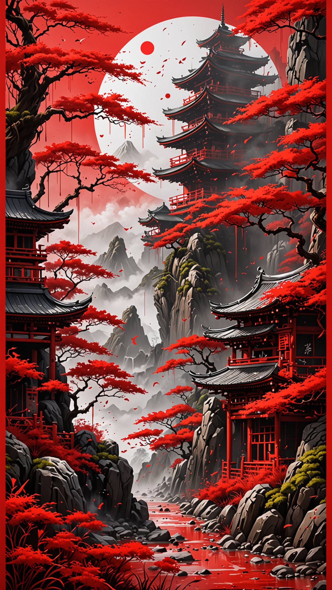 (ULIMATE Spray Painted style), Graffiti landscape, (Japanese Writing in Red), trending on ArtStation , intricate details, masterpiece, best quality, (Use Dream Diffusion Secret Prompt), (Epic), UHD