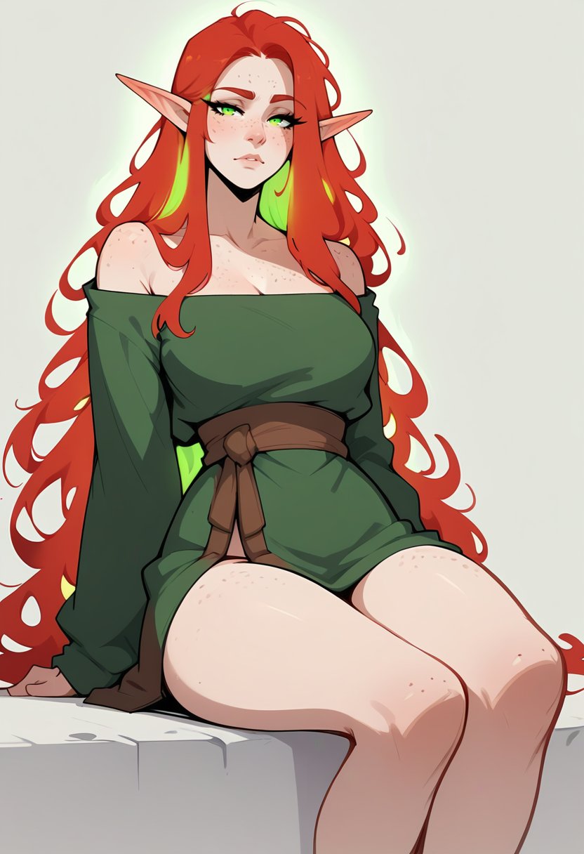 score_8_up, woman, freckles, long red hair, elf, glowing hair, thighs, green eyes, looking at viewer, half-closed eyes, sitting, simple background