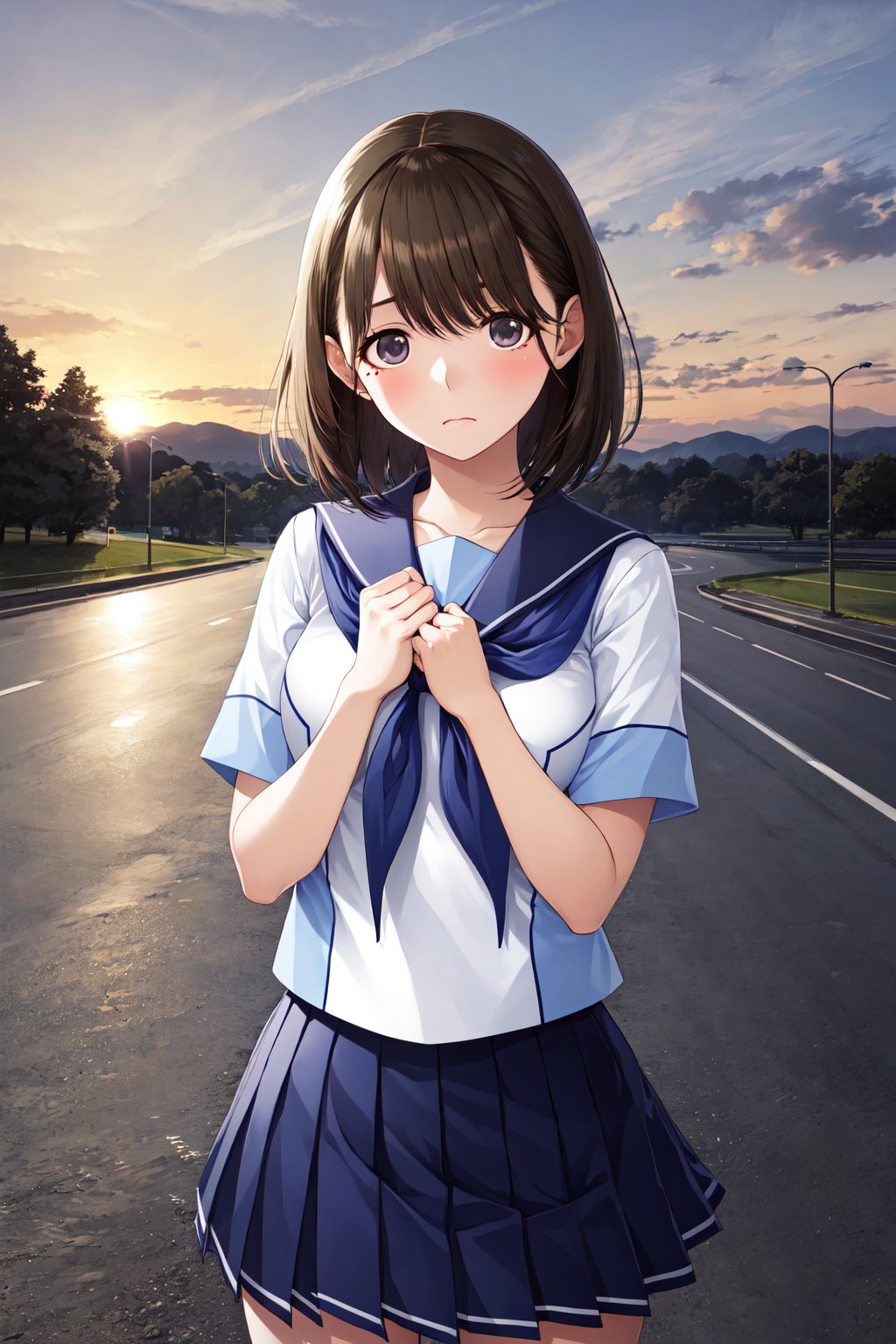 masterpiece, best quality, highres, aanene, short hair, serafuku, white shirt, short sleeves, sailor collar, blue neckerchief, pleated skirt, blue skirt, <lora:anegasaki_nene_v1:0.7>, sunset, road, hands on own chest, standing, cowboy shot, sad