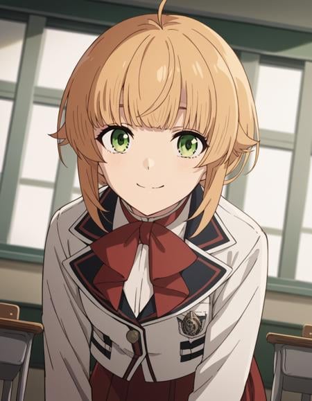 score_9, score_8_up, score_7_up, source_anime,norngreyrat, <lora:norn-greyrat-s2-ponyxl-lora-nochekaiser:1>,norn greyrat, bangs, blonde hair, green eyes, ahoge,long sleeves, bow, school uniform, jacket, bowtie, red bow, skirt, red skirt, white jacket,indoors, classroom, bent over, smile,solo, dutch angle, looking at viewer, cowboy shot,