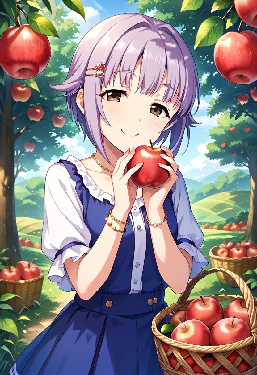 score_9, score_8_up, score_7_up, source_anime,koshimizu sachiko, short hair, purple hair, brown eyes, 1girl, hair ornament, hairclip, food, solo, fruit, skirt, apple, tree, bracelet, jewelry, smile