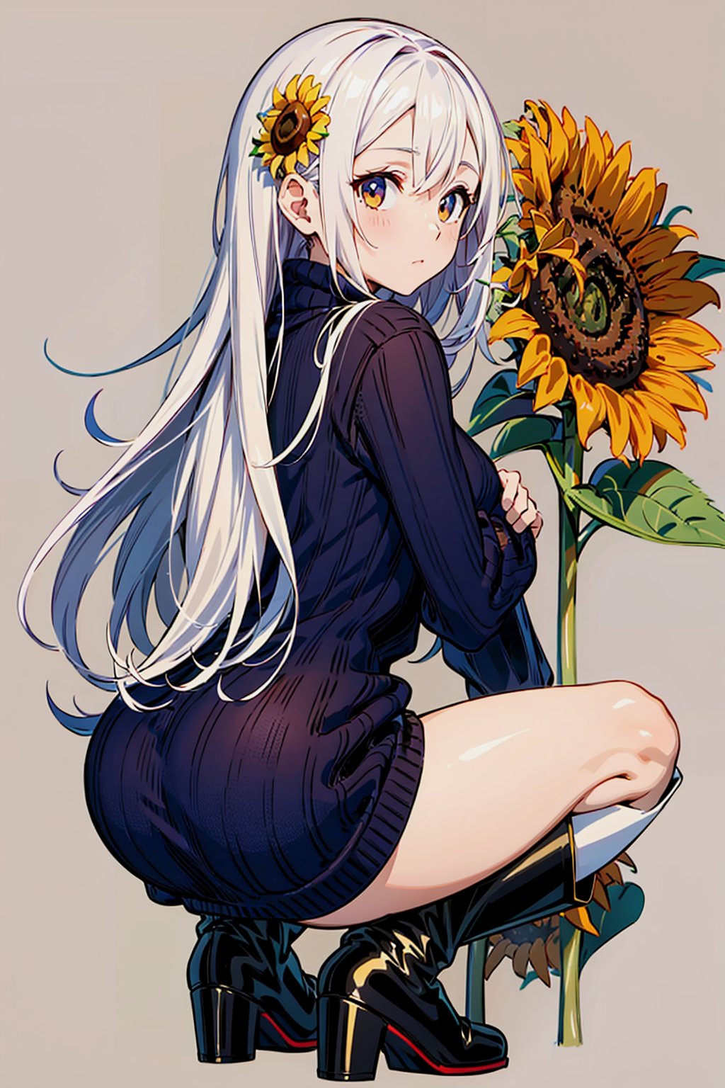 kawaii,cute,(1 girl,solo),((sunflower hair, long hair ,zinc eyes):1.2),close view ,from behind,looking at another ,((Sweater dress, knee-high boots ):1.1),large breast,squatting ,BREAK((simple background ):1.37),BREAK<lora:BlurConditioner_C:0.5>