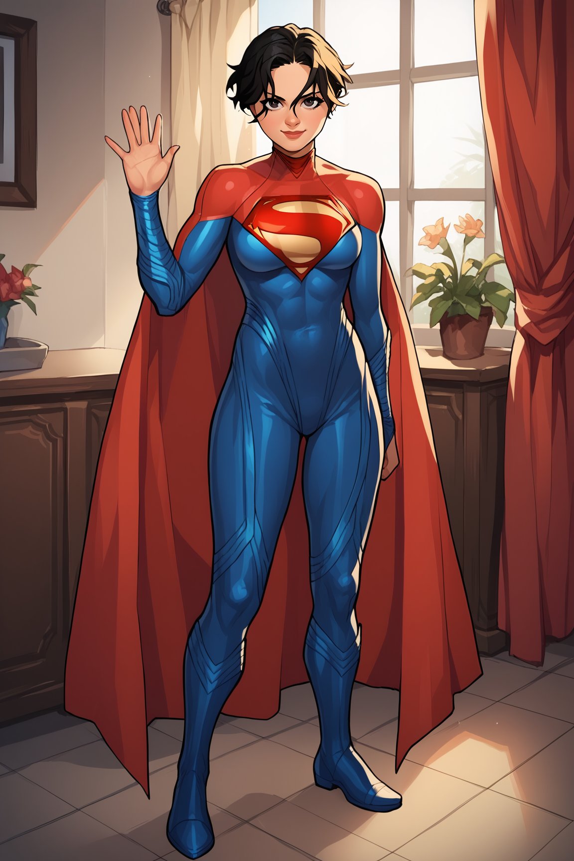 score_9, score_8_up, score_7_up, score_6_up, source_anime, BREAK, SupergirlTFXL, black eyes, black hair, short hair, curtain hair, medium breasts, superhero, red cape, bodysuit, red bodysuit, blue bodysuit, solo, full body, standing, waving, looking at viewer, indoors <lora:SupergirlTFXL:1>