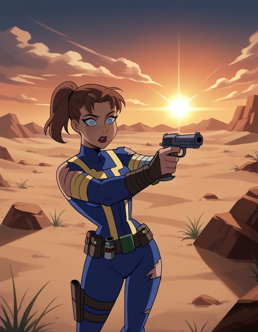 score_8_up, score_7_up, dcaustyle, solo, woman wearing vault suit from fallout /(series/), brown hair, ponytail, parted bangs, wide-eyed, impossible bodysuit, holding handgun, pointing gun, cowboy shot, thigh holster, torn clothing, pip boy,  desert, sunset, backlighting, lens flare, a skull is on the ground