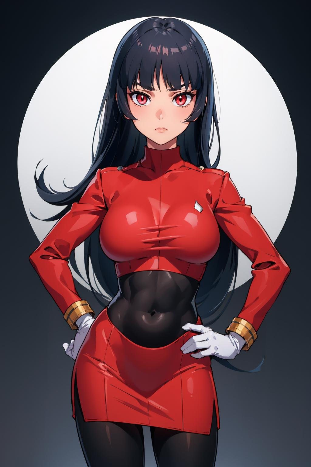 masterpiece, best quality, <lora:sabrina-nvwls-v1-000009:0.9> frlgsabrina, blunt bangs, very long hair, black bodysuit, red crop top, turtleneck, red sleeves, red skirt, white gloves, black pantyhose, large breasts, cowboy shot, emotionless, black background, gradient background, looking at viewer, hand to hip