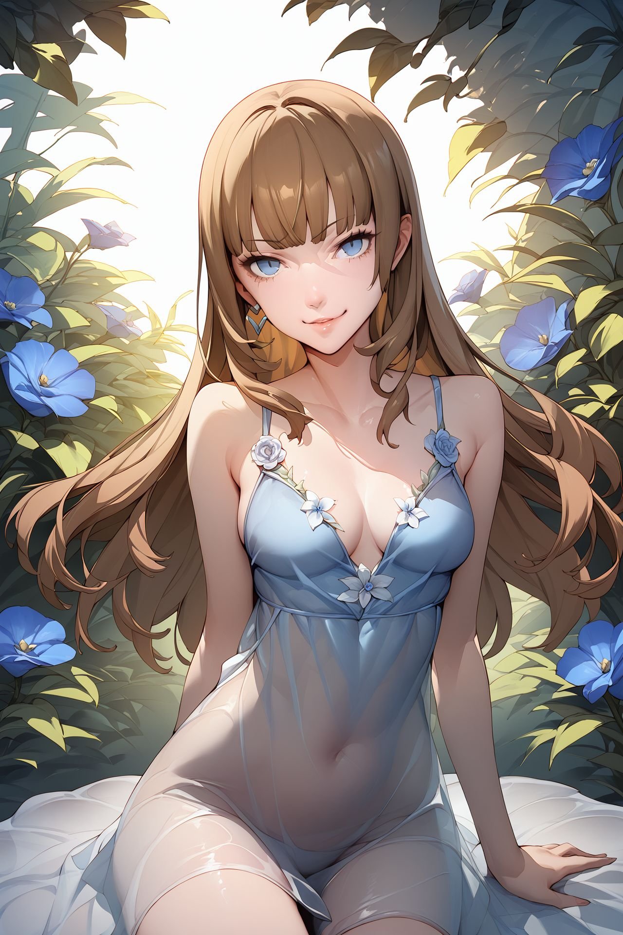 score_9, score_8_up, score_7_up, 1girl, smug, looking at viewer, brown hair, blunt_bangs, light_blue eyes, medium breasts, see-through dress, Casa_Blanca \(flower\), heart_background <lora:Soejima_Shigenori_PonyXL_style_v01:1>