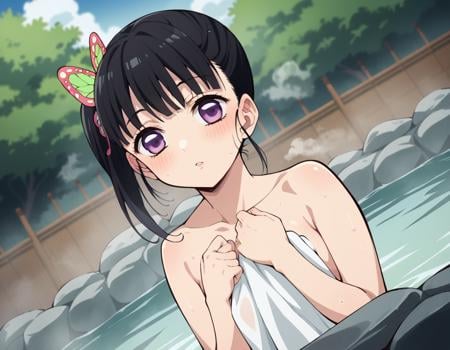 score_9, score_8_up, score_7_up, source_anime,kanaotsuyuri, <lora:kanao-tsuyuri-anime-ponyxl-lora-nochekaiser:1>,kanao tsuyuri, black hair, butterfly, butterfly hair ornament, purple eyes, side ponytail, ponytail,nude, naked, outdoors, onsen, towel, naked towel, steam, bathing, nude cover, partially submerged, water, bath, steam censor, wet towel, blush,solo, dutch angle, looking at viewer, cowboy shot,