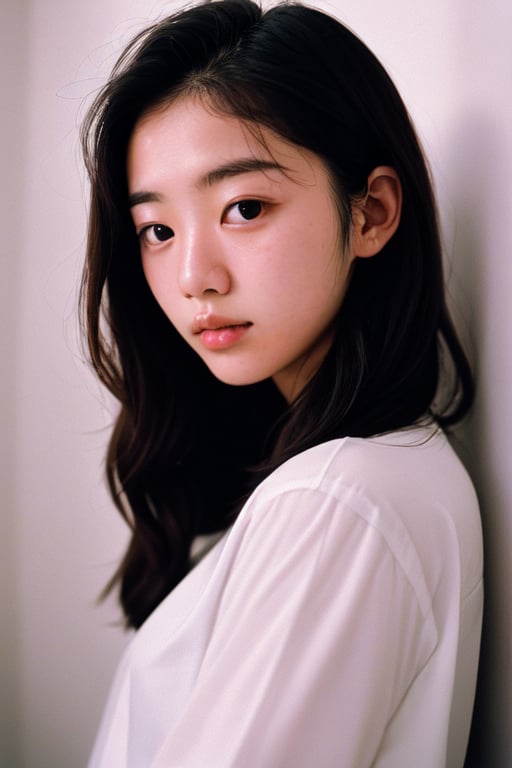 flash photography,from front,photo of (a beautiful 18-year-old Korean idol),face close-up bathroom background, Raw format,  studio lighting,  analog photography aesthetic,