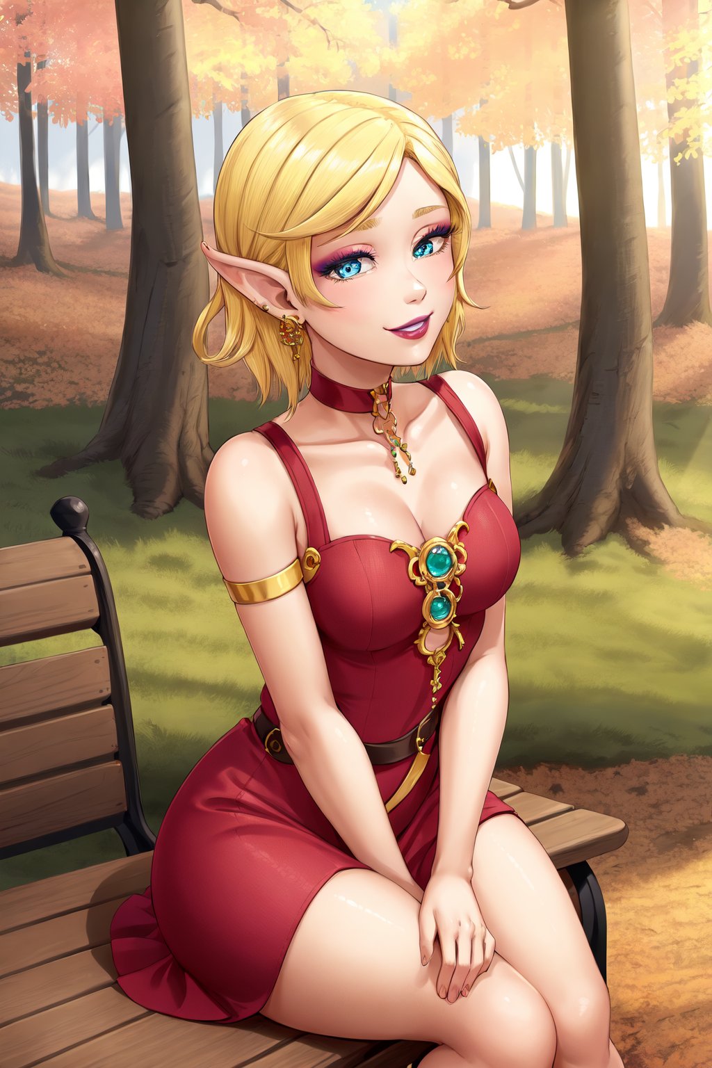 (majalis:1.1), (1girl:1.1), cute, portrait, sitting on a bench, earrings, eyelashes, eyeshadow, smile, jewelry, medium hair, looking at viewer, makeup, pointy ears, colored skin, elf, blue eyes, yellow skin, blond hair, red lipstick, solo, sidesweep, in a park, breasts, masterpiece, highres <lora:majalis_style_v2.1:0.7>