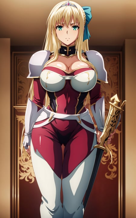 (masterpiece:1.1), best quality, ufotable style,anime coloring,anime screencap,  <lyco:Ufussy:0.6>, IsisPetrovna,  <lora:IsisPetrovnaV1:0.7>,1girl, aqua eyes, armor, blonde hair, bow, breasts, bridal gauntlets, cleavage, green eyes, hair bow, large breasts, long hair, looking at viewer, pauldrons, ribbon, shoulder armor, solo, standing, sword, thigh gap, thighhighs, very long hair