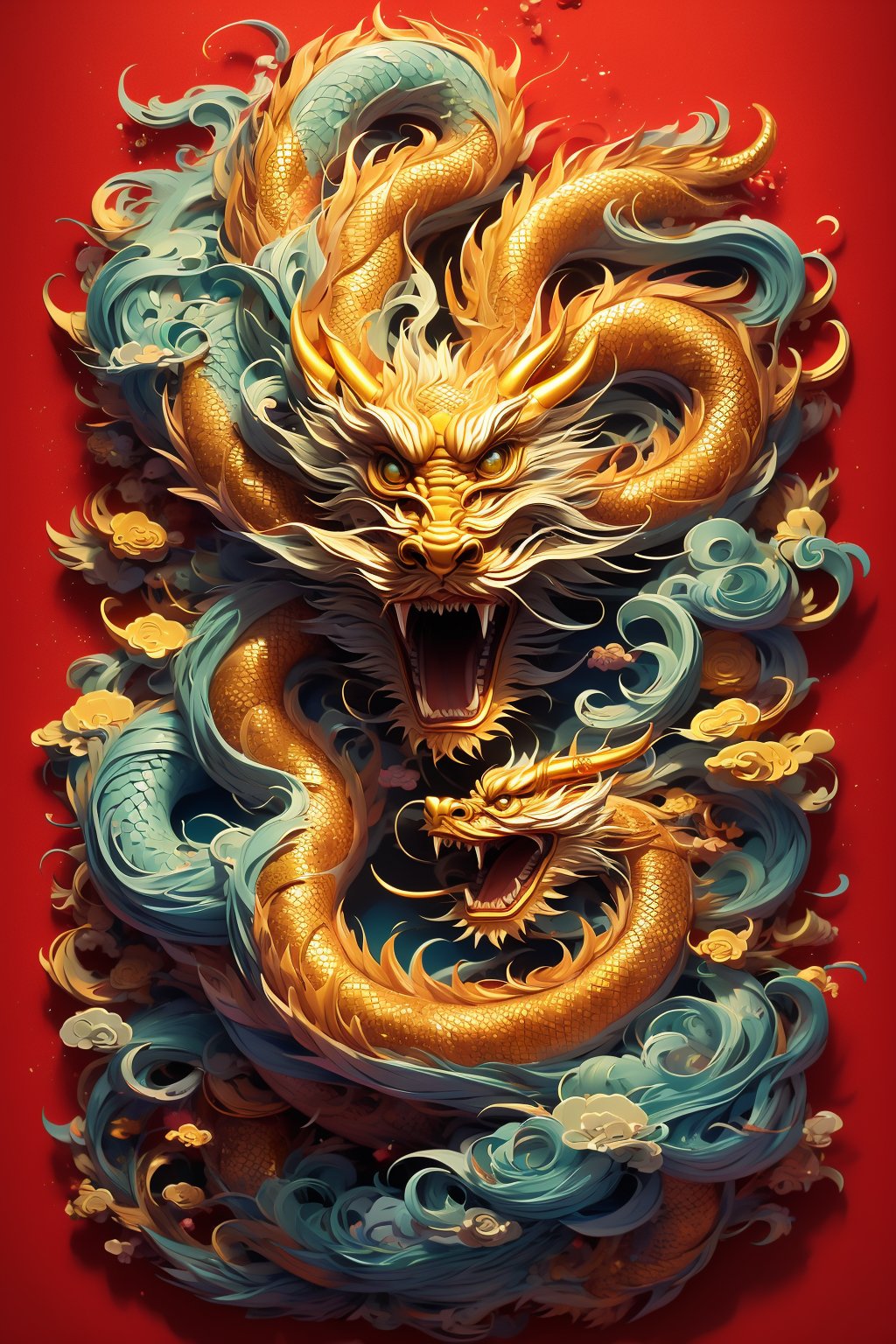 A golden Chinese dragon in the air on the red paper,golden dragon,paper-cut,gold rim,real texture,high quality,masterpiece,