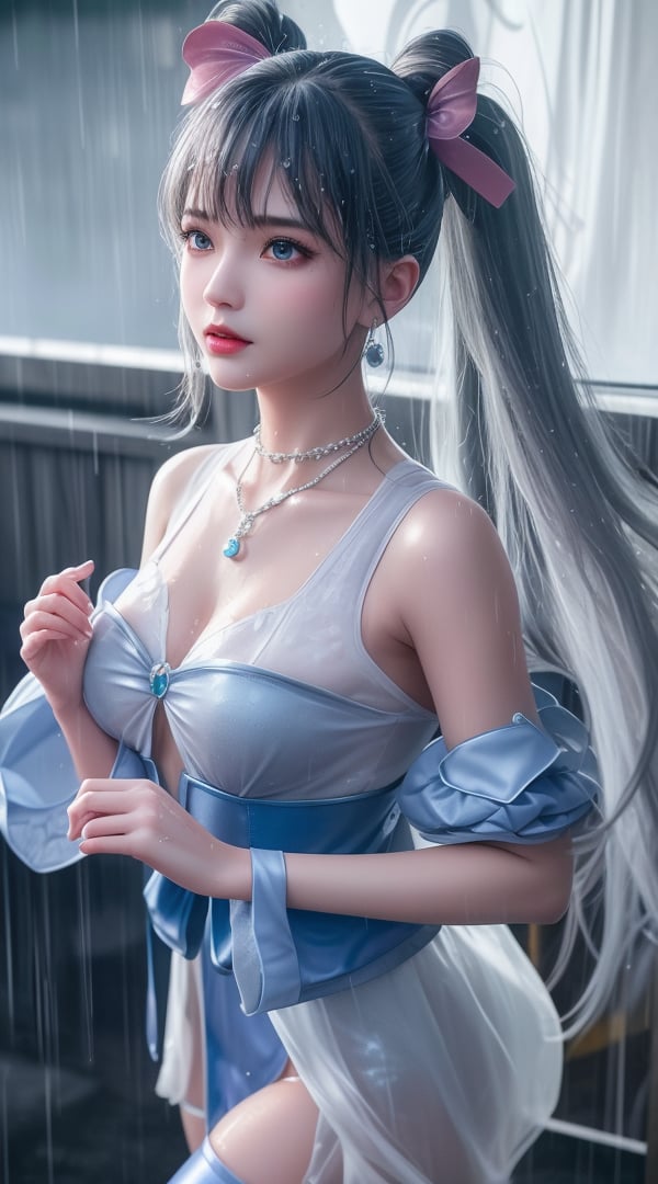 <lora:380-DA-武动乾坤-林青檀:0.8> ,(,1girl, ,best quality, ),looking at viewer, ,ultra detailed 8k cg, ultra detailed background,  ultra realistic 8k cg, flawless,  tamari \(flawless\), professional artwork, famous artwork, cinematic lighting, cinematic bloom, (( , )),, dreamlike, unreal, science fiction,  luxury, jewelry, diamond, pearl, gem, sapphire, ruby, emerald, intricate detail, delicate pattern, charming, alluring, seductive, erotic, enchanting, hair ornament, necklace, earrings, bracelet, armlet,halo,masterpiece, (( , )),, realistic,science fiction,mole, ,cherry blossoms,(((, , ultra high res, (photorealistic:1.4), raw photo, 1girl, wet clothes, rain, sweat, ,wet, )))(( , ))   (()), (), 1girl, solo, blue_ribbon, detached_sleeves, ribbon, long_hair, twintails, thighhighs, bow, blue_sleeves,silver hair, 