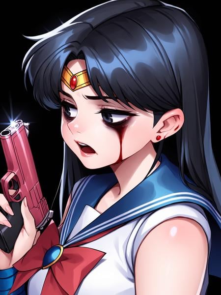 score_9, score_8_up, score_7_up, score_6_up, score_5_up, score_4_up, rating_safeBREAKsailor mars, circlet, black hair, black eyes, looking away, tired, half-closed eyes, bags under eyes, sigh, open mouth, looking down, blood on face, blood splatter,BREAKsolo, portrait, magical girl, red serafuku, from side, holding gun, handgun, blood on weapon,BREAKblack background, <lora:Lunas-Naidong-SDXL-B2:1>