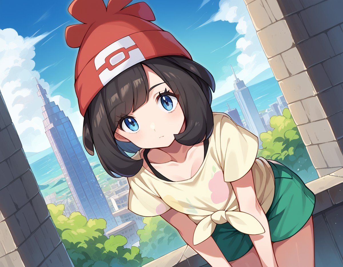 score_9, score_8_up, score_7_up, source_anime,pokemonselene, <lora:pokemon-selene-ponyxl-lora-nochekaiser:1>pokemonselene, black hair, blue eyes, short hair, bangs, blunt bangs,beanie, collarbone, green shorts, hat, red headwear, shirt, short sleeves, shorts, tied shirt, yellow shirt,outdoors, cityscape, bent over,looking at viewer, cowboy shot, dutch angle,