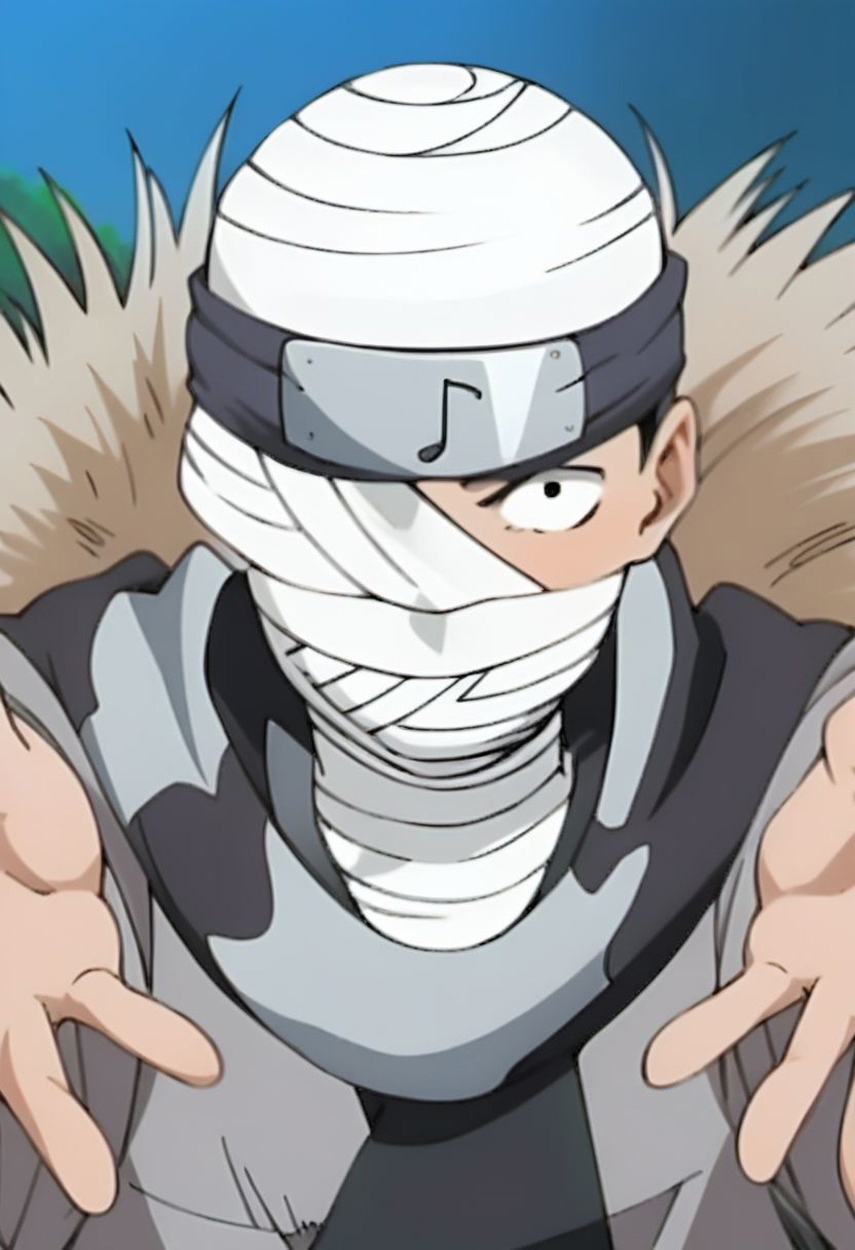 score_9, score_8_up, score_7_up, source_anime, rating_safe, anime screencap, Dosukin, official style, 1boy, male focus, bandaged head, falling bandages, looking at viewer, outstretched arms, upper body, cropped arms, in correct perspective, dynamic composition,