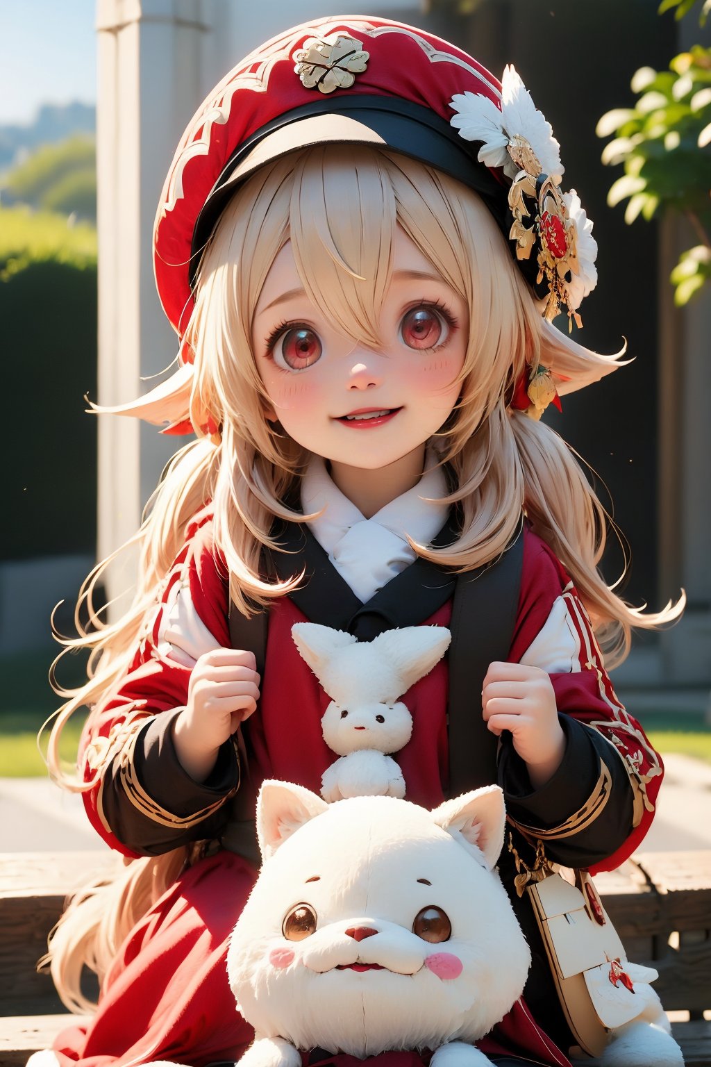 1girl, klee \(genshin impact\), pointy ears, hat, looking at viewer, red headwear, red eyes, ahoge, long hair, twintails, hair between eyes, smile, long sleeves, blurry, blonde hair, bag, solo, low twintails, sitting, blush, teeth, outdoors, depth of field, sidelocks, open mouth, cabbie hat, red dress, dodoco \(genshin impact\), dress, flower, :d, blurry background, light brown hair, dog, hat feather, child, belt, parted lips, coat, red coat, lips, bench, hat ornament, head tilt, day, clenched hands