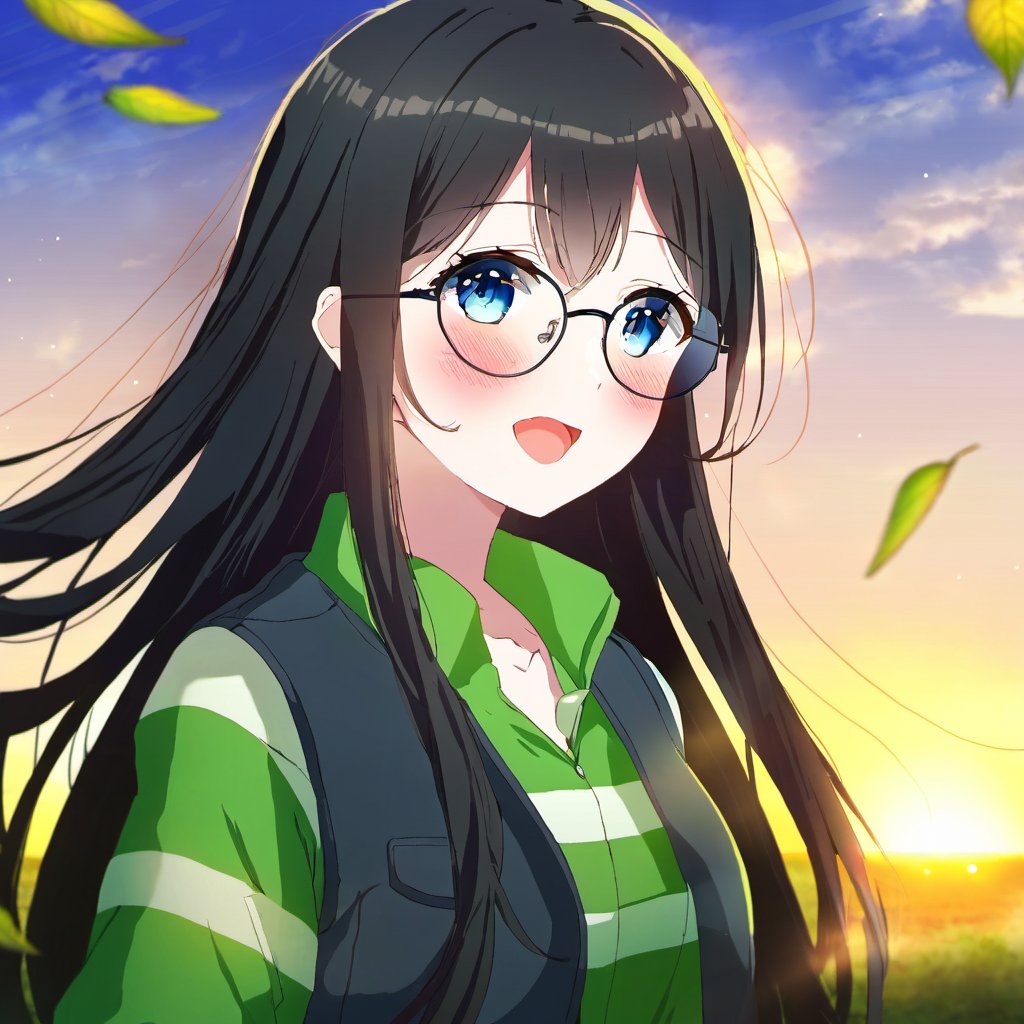 a woman with glasses, who is wearing a green shirt and a black jacket. She is standing in front of a sunset, with her hair blowing in the wind, depth of field, cinematic compositions, best lighting, solo, 1girl, long hair, glasses, black hair, blush, open mouth, vest, jacket, leaf, green eyes, shirt, blue eyes, striped