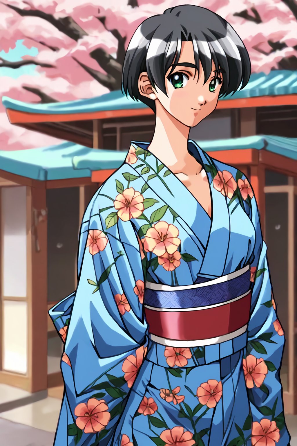 score_9, score_8_up, score_7_up, score_6_up, score_5_up, score_4_up, source_animewakabayashi ayu, 1girl, black hair, green eyes, short hair, solo, sash, obi, yukata, blue kimono, ayu_yukata, smile, hands behind back,masterpiece, perfect face, best quality, beautiful girl, blurry background, cute girl, beautiful eyes, shiny eyes, anime coloring, anime screencap, absurdres, outdoors.  <lora:wakabayashi ayu hoseki 820 1:0.8>