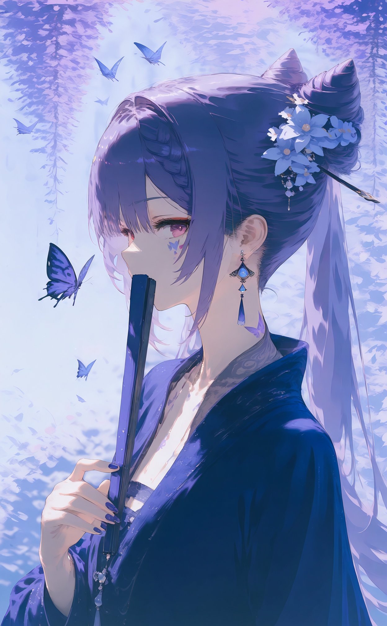 masterpiece,best quality,high quality,(colorful),loli,1girl,butterfly,keqing \(genshin impact\),hair ornament,hand fan,bug,flower,jewelry,solo,earrings,hair bun,cone hair bun,purple hair,folding fan,holding fan,blue butterfly,butterfly tattoo,looking at viewer,holding,tattoo,hair flower,long hair,purple eyes,sideways glance,nail polish,blue flower,folded fan,upper body,braid,chinese clothes,facial tattoo,twintails,covering own mouth,double bun,hanfu,alternate costume,profile,purple nails,facial mark,sidelocks,drop earrings,long sleeves,hairpin,from side,