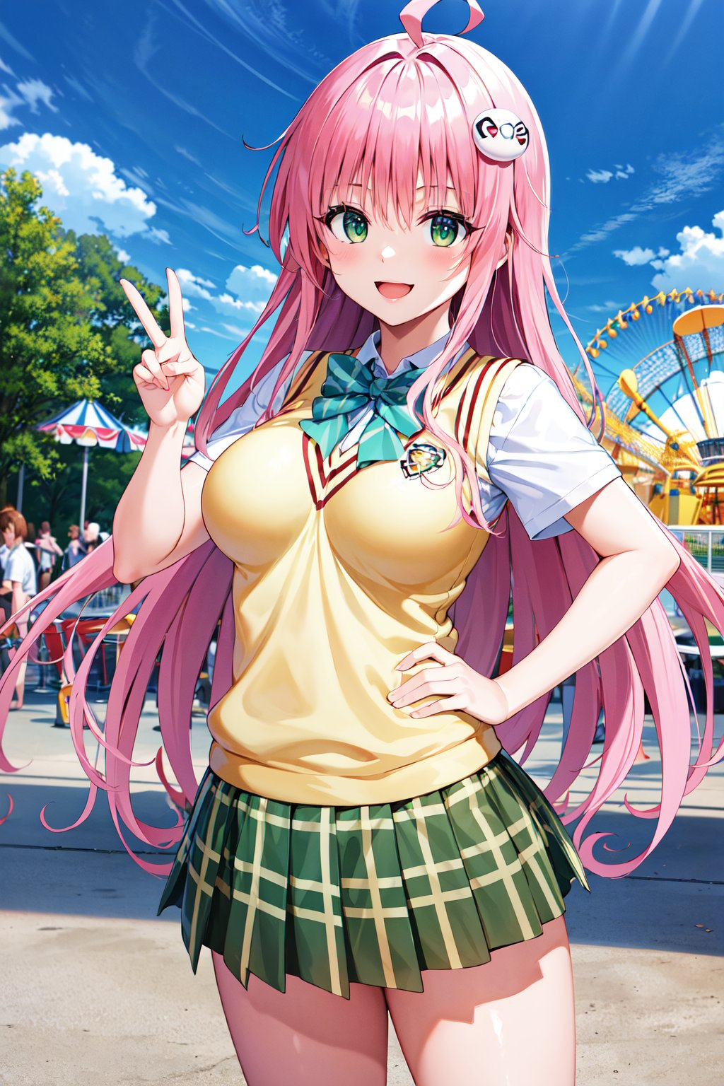 masterpiece, best quality, highres, aalala, long hair, ahoge, hair ornament, green eyes, breasts, school uniform, green bowtie, collared shirt, white shirt, sweater vest, yellow vest, short sleeves, plaid skirt, green skirt, <lora:lala_satalin_deviluke_v1:0.7>, peace sign, amusement park, smile, standing