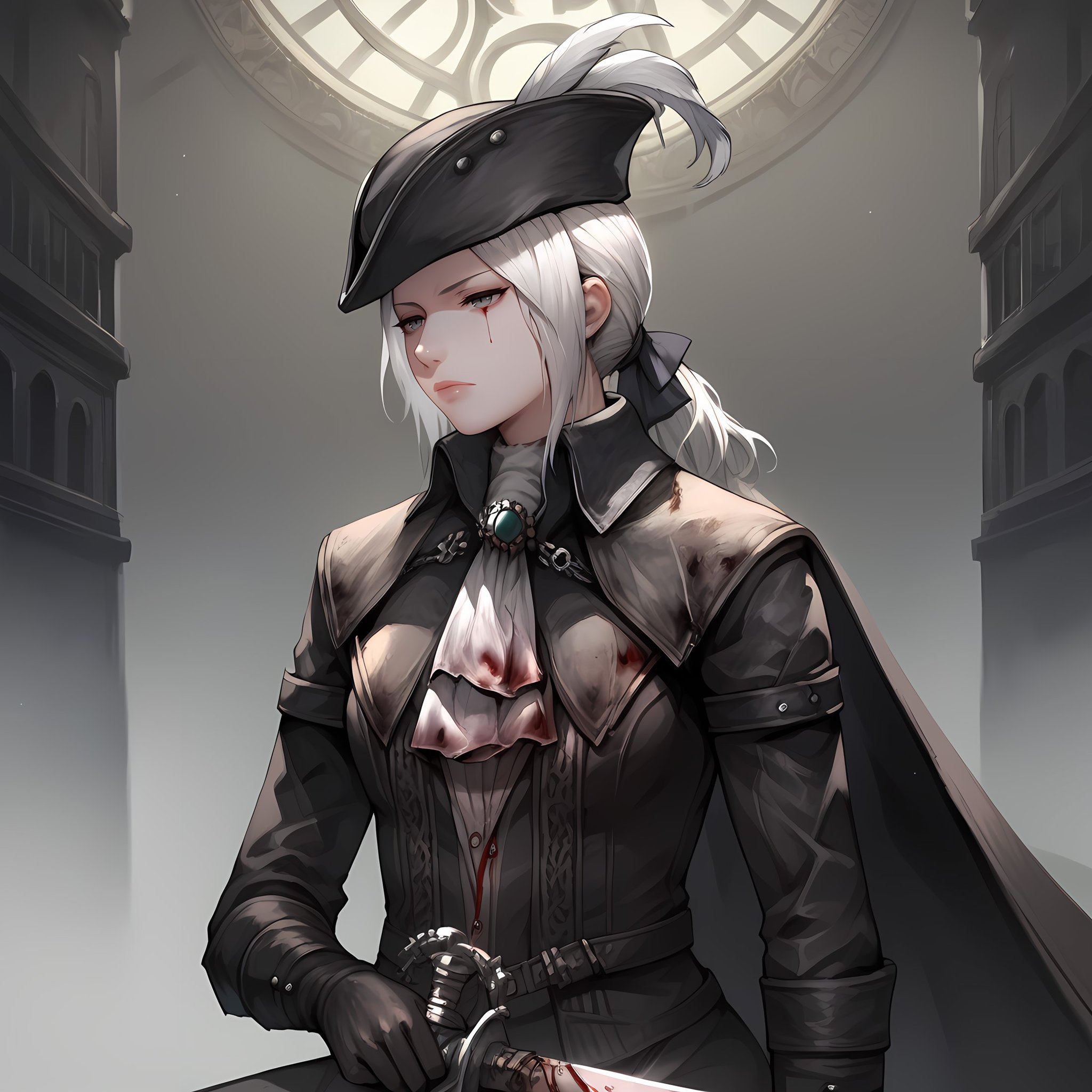 score_9,score_8_up,score_7_up,score_6_up,source_anime,rating_questionable,solo, 1girl,sitting, standing, sword, clocktower interior, <lora:Lady_Maria_of_The_Astral_Clocktower_-_Bloodborne:0.8> lady maria, white hair, grey eyes, tricorne, gloves, hat feather, ascot, ponytail, cape, gloomy, dim, blood, eyes half closed, head down, bloody, bloodstains,, zPDXL2,