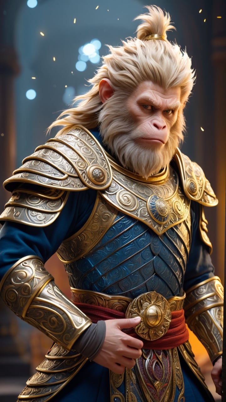 the image showcases a primate-like creature,seemingly of asian origin,adorned in an elaborate and ornate armor. the armor is predominantly blue,gold,and red,with intricate designs and motifs,predominantly gold and brown colors. the primate-like creature hair is gray and wild,and he is holding a long staff or rod with a golden top,which has inscriptions and decorative elements. It has prominent facial features,including deep-set eyes,a pronounced nose,and a thick beard. the background is dark,possibly suggesting a dimly lit environment,with a subtle hint of sparkles or particles,possibly indicating a magical or ethereal setting.,adamcn style,wukong,monkey,1boy,facial hair,beard,male focus,armor,blonde hair,holding weapon,looking at viewer,shoulder armor,grey sky,prayer beads,muscular,muscular male,ray tracing,shadows,ultra sharp,metal,((cold colors)),background illuminated,Epic CG masterpiece,(3D rendering),facing camera,ultra high resolution,(masterpiece),(best quality),(super detailed),(extremely delicate and beautiful),cinematic light,detailed environment,(real),(ultra realistic details:1.5),glass-like sparkling eyes are blurry and dreamy,(muscle tone and definition),(finely detailed features),stunning colors,cinematic lighting effects,light particles,light particle art,glowing,dynamic poses,surreal,futurism,concept art,smoke,trending on art station,photoreal,8 k,octane render by greg rutkowski,