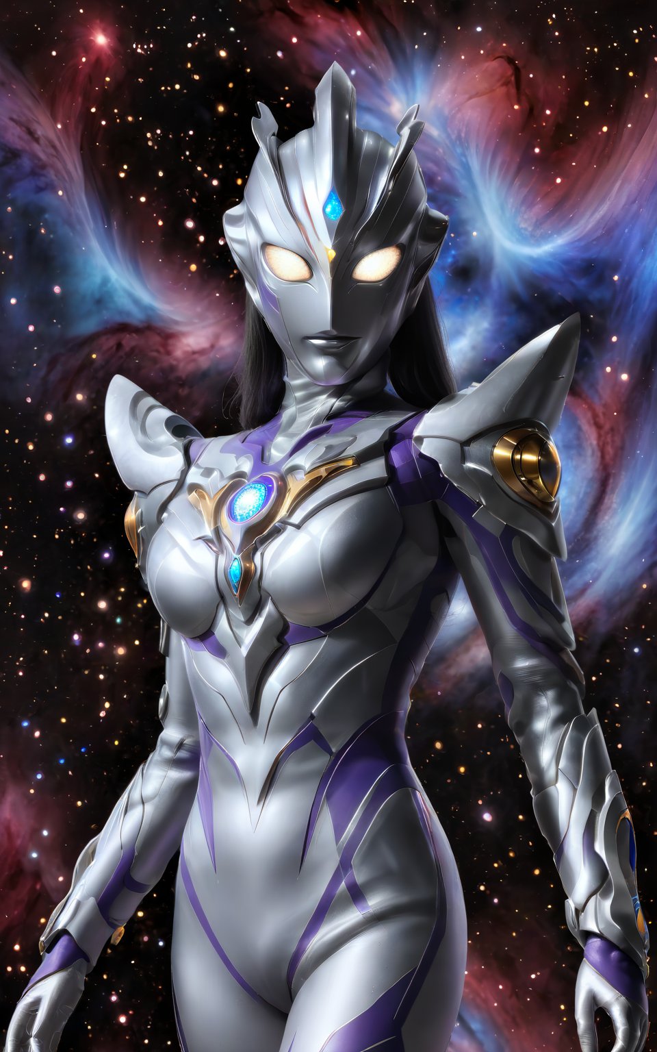 female Ultraman,Essence of the Cosmos,Defender of Justice,Radiant Form,Stellar Eyes,Silver Halo,Cosmic Armor,Cosmic Manipulation,Interstellar Travel,Telepathy,Compassionate Warrior,Unwavering Justice,Cosmic Odyssey,Battles and Triumphs.,