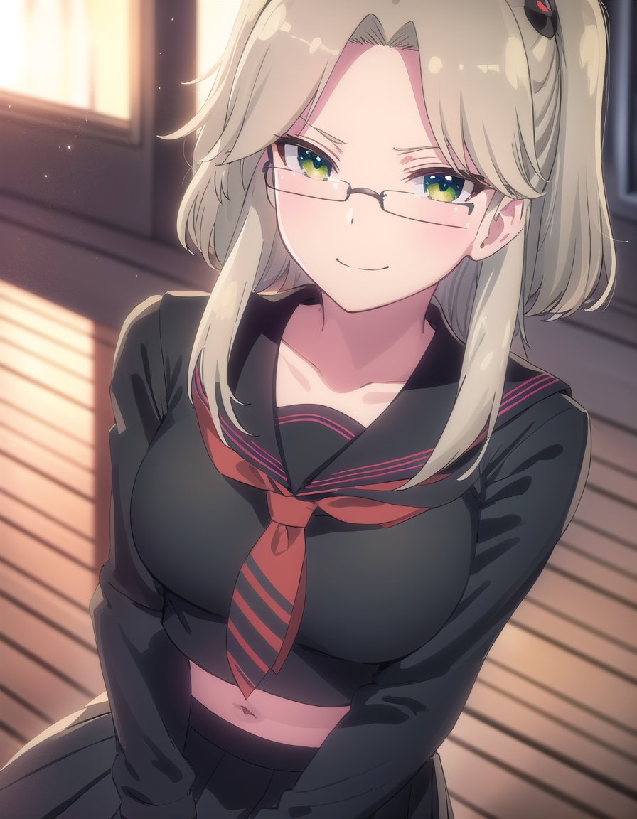 skimu, <lora:sk imu s1-lora-nochekaiser:1>,imu, (green eyes:1.3), glasses, hair ornament, twintails, (parted bangs:1.5), blonde hair,BREAK skirt, shirt, long sleeves, navel, school uniform, pantyhose, pleated skirt, necktie, serafuku, midriff, black skirt, sailor collar, black shirt, black sailor collar, (black serafuku:1.2),BREAK outdoors, classroom,BREAK looking at viewer, (cowboy shot:1.5), smile,BREAK <lyco:GoodHands-beta2:1>, (masterpiece:1.2), best quality, high resolution, unity 8k wallpaper, (illustration:0.8), (beautiful detailed eyes:1.6), extremely detailed face, perfect lighting, extremely detailed CG, (perfect hands, perfect anatomy),