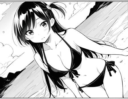 score_9, score_8_up, score_7_up, source_anime,chizuruichinose, <lora:chizuru-ichinose-manga-ponyxl-lora-nochekaiser:1>,chizuru ichinose, long hair, bangs, one side up, greyscale, monochrome,navel, cleavage, collarbone, swimsuit, bikini, side-tie bikini bottom,outdoors, beach, on side, drunk,looking at viewer, dutch angle, cowboy shot, solo,