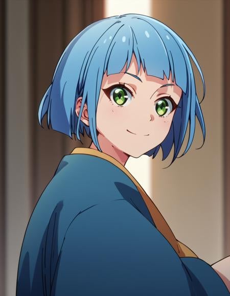 score_9, score_8_up, score_7_up, score_6_up, score_5_up, score_4_up, source_anime, , Lamia, short hair, bangs, green eyes, blue hair,   soft smile, action pose