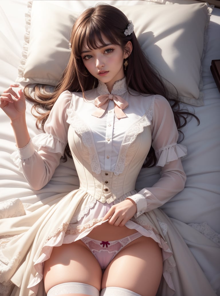 8k, masterpiece, highly detailed, high quality,1girl, wearing a brown (victorian dress), <lora:victorian_dress-SD-2.0:1>dakimakura \(medium\), from above, ((panties)), cameltoe