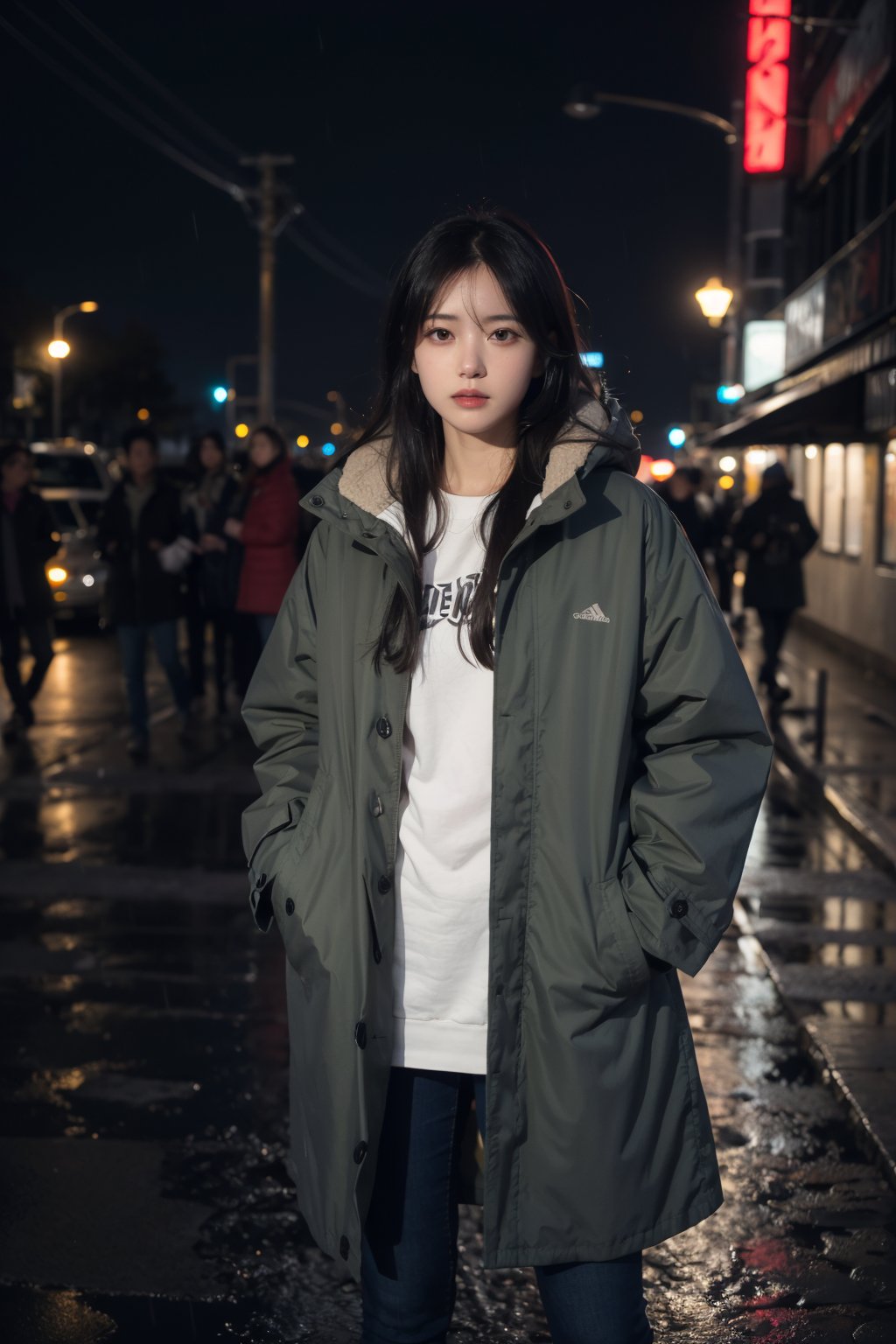 1girl,night city,rain,coat,hands in pockets