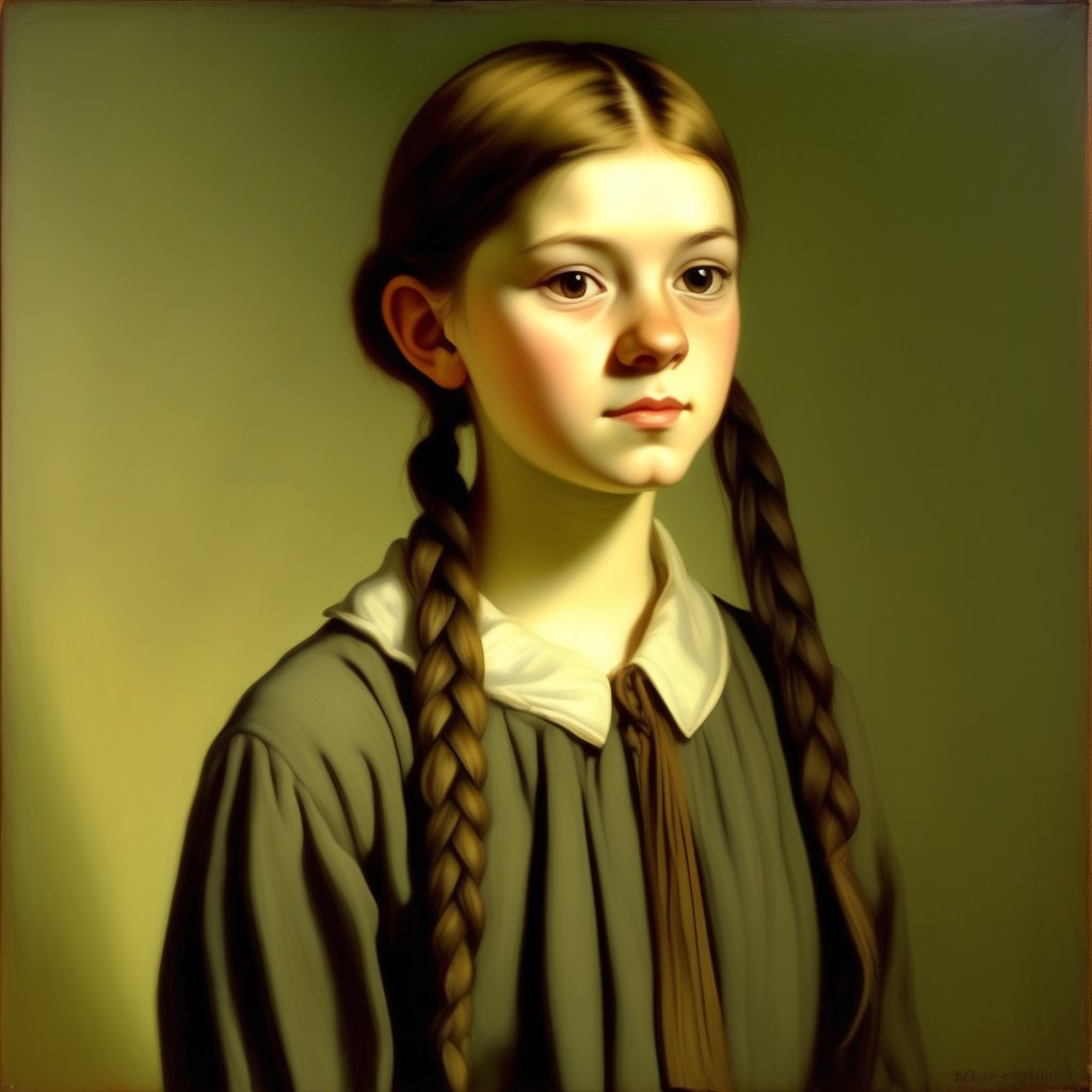 Full-body-length painting of a Young Girl: A slender, 18-year-old girl with dark russet hair tied in double plaits and light brown eyes gazes directly at the camera, exuding confidence.