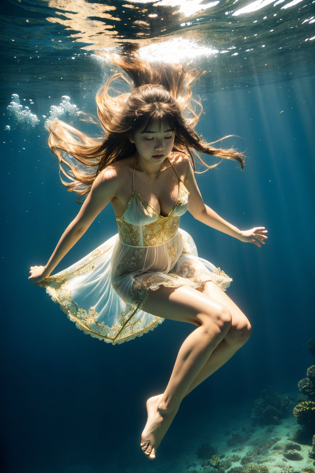 best quality, masterpiece, raw photo of a 1girl diving down underwater which in wet floral lace see-through long white dress which often for ornate details and gold jewelry, floating long brown hair, shy cute face, far side high key light, professional cinematic, hard shadow, soft bokeh, professional photography, balanced contract, balanced exposure,  show cleavage, bare feet, show legs, diving:1.3